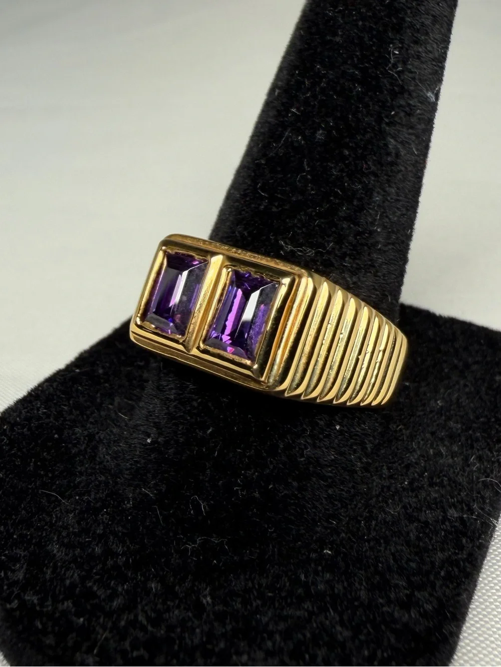 Natural Amethyst 2 Stone Ring 1.60ctw Emerald Cut Gold Over 925 Sterling Sz 8